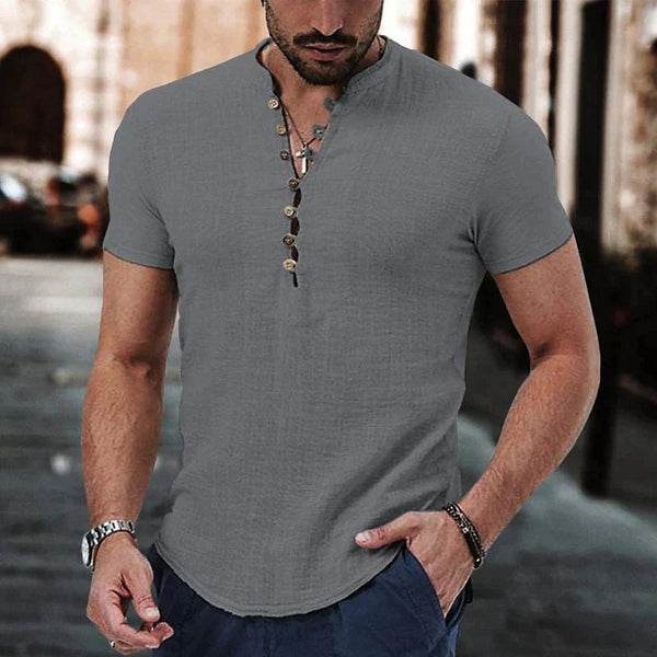 Chemise Henley Homme – Coupe Slim – Manches Courtes – Coton & Lin – Style Décontracté Été