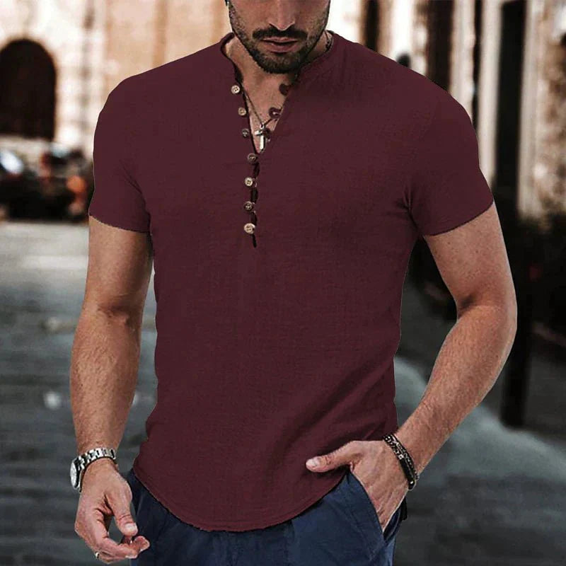 Chemise Henley Homme – Coupe Slim – Manches Courtes – Coton & Lin – Style Décontracté Été