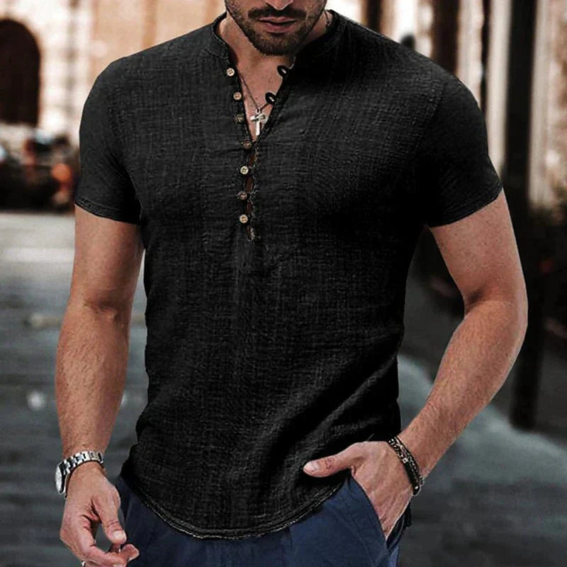 Chemise Henley Homme – Coupe Slim – Manches Courtes – Coton & Lin – Style Décontracté Été