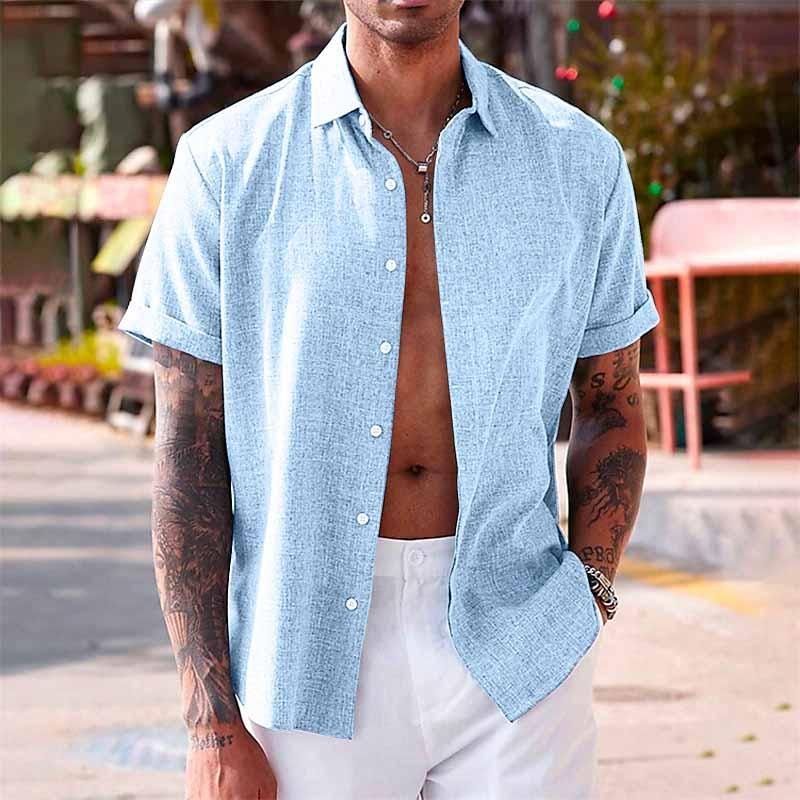 Chemise Homme en Coton et Lin – Manches Courtes – Col Classique – Unie & Respirante