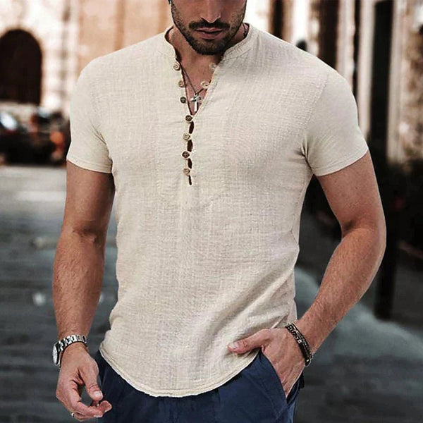 Chemise Henley Homme – Coupe Slim – Manches Courtes – Coton & Lin – Style Décontracté Été
