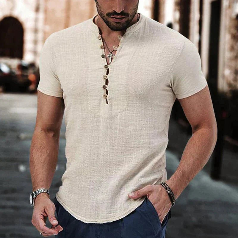 Chemise Henley Homme – Coupe Slim – Manches Courtes – Coton & Lin – Style Décontracté Été