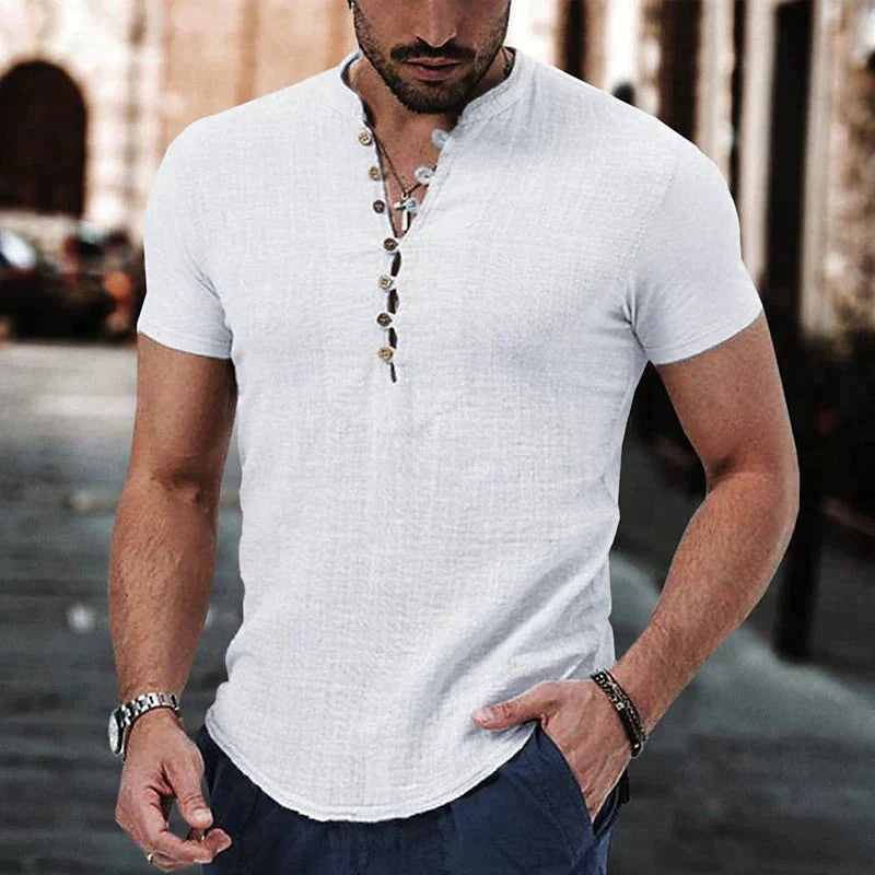 Chemise Henley Homme – Coupe Slim – Manches Courtes – Coton & Lin – Style Décontracté Été